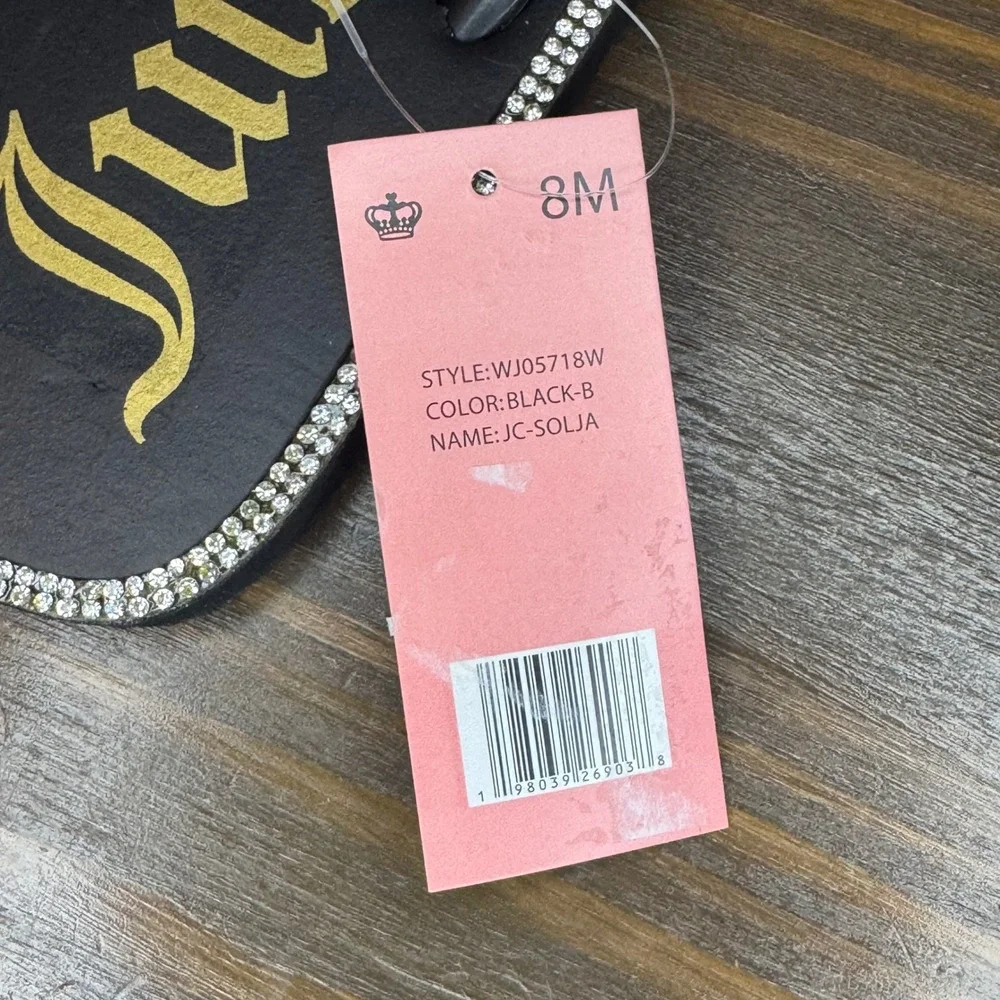 Juicy Couture JC-Solja Flip Flop Sandal Gold Chain Charm Rhinestone Black 8 New